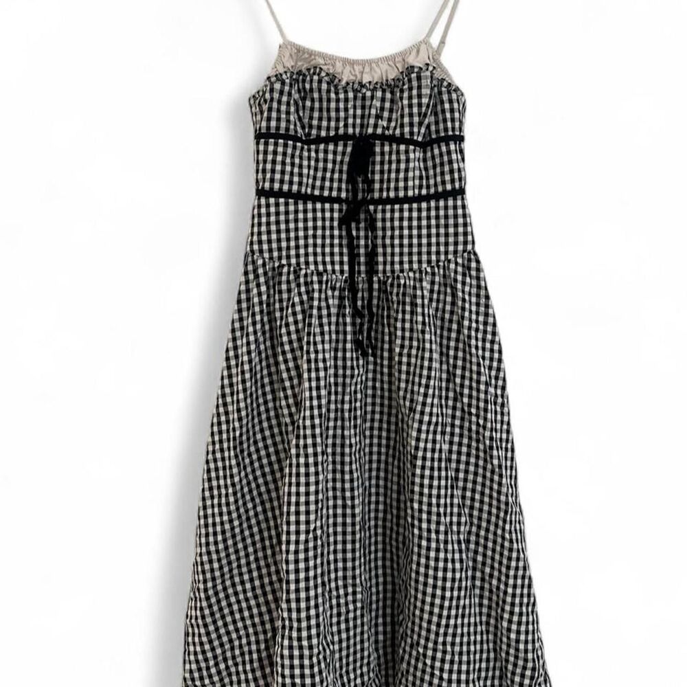 For Love and Lemons Gingham Midi Dress Black White Bow Tie Size S - Picture 3 of 7